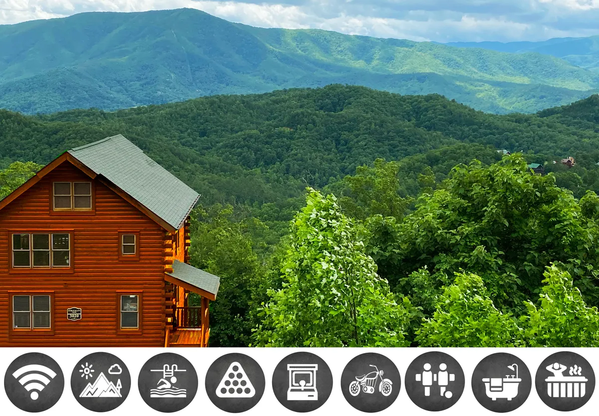 The image showcases a beautiful log cabin nestled amidst lush greenery with a sweeping, panoramic view of the Smoky Mountains. The golden hues of sunrise or sunset bathe the cabin and mountains, enhancing the serene and inviting atmosphere. A fire pit area is visible, suggesting cozy evening gatherings, while the expansive outdoor space hints at opportunities for hiking, picnicking, and family relaxation.